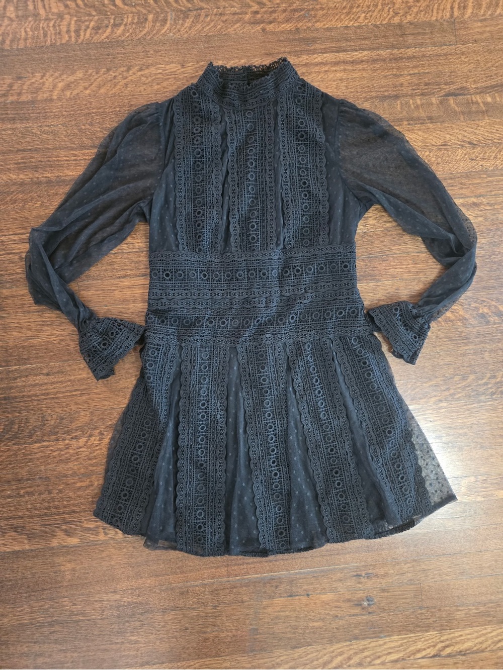 New York & Company Black Lace High-Neck Long Sleeve Mini Dress